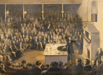 Michael Faraday (1791-1867) hält einen Vortrag im Theater der Royal Institution, ca. 1856